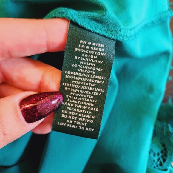 Ralph Lauren Lace Ruffle Off Cold Shoulder Dress Emerald Green Knee Length Party - Picture 12 of 14